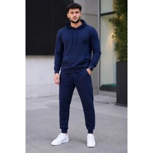 Erkek Iki Iplik Kapüşonlu Kanguru Cepli Sweatshirt Jogger Pantolon Alt Üst Eşofman Takımı - Lacivert