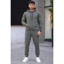 Erkek Iki Iplik Kapüşonlu Kanguru Cepli Sweatshirt Jogger Pantolon Alt Üst Eşofman Takımı - Haki