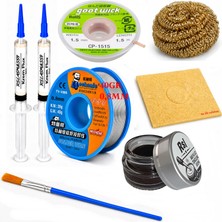 MHM Lehimleme Seti 0,8 mm 40 gr Lehim Teli 2’li Flux CP-1515  Lehim Fitili 1fırça ve Havya Ucu Temizleme Seti ST61