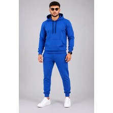 Erkek Iki Iplik Kapüşonlu Kanguru Cepli Sweatshirt Jogger Pantolon Alt Üst Eşofman Takımı -Saks Mavisi