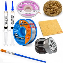 MHM Lehimleme Seti 0,8 mm 40 gr Lehim Teli 2’li Flux CP-2015  Lehim Fitili 1fırça ve Havya Ucu Temizleme Seti ST83