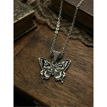 Velcari Kadın Çelik Zincirli Antik Gümüş Skull Kurukafa Kelebek Gotik Dark Kolye