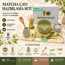 Herbarius 8 Parça Çiçek Desenli Balık Sırtı Kabartmalı Açık Adaçayı Yeşili Renk Matcha Çayı Hazırlama Seti - Geleneksel Japon Matcha Seti