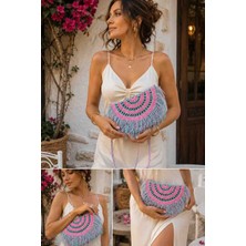 Trakya Trend Crunch Çanta El Yapımı Hasır Kağıt Ip Püsküllü Clutch