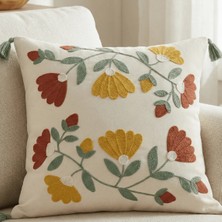 Destiva Home Renkli Floral Punch Nakışlı Dekoratif Püsküllü Gizli Fermuarlı Pamuk Kırlent Kılıfı Pamuk 42 x 42 cm