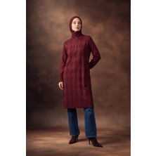 Armine Trend Baklava Desenli Fermuar Yaka Uzun Triko Tunik Bordo 25KTD4112