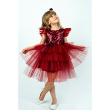 Buse & Eylül Bebe Bordo Pullu Kız Çocuk Parti Elbisesi