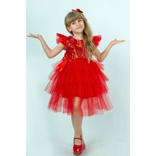Buse & Eylül Bebe Kırmızı Pullu Kız Çocuk Parti Elbisesi