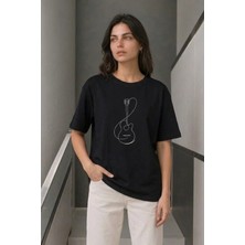 Veraura Lifestyle Minimal Gitar Baskılı Tişört T-Shirt Yazlık Kısa Kol Bisiklet Yaka T-Shirt - Siyah