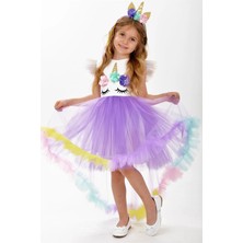 Buse & Eylül Bebe Unicorn Leylak Kuyruk Detaylı Gökkuşağı Taçlı Kız Çocuk Parti Elbisesi