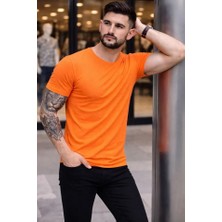 Veraura Lifestyle Erkek T-Shirt Bisiklet Yaka Slim Fit Dar Kesim Likralı Tişört Günlük Basic Body - Turuncu