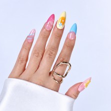 Takma Takma Takma Tırnak Renkli Nail Art Uzun Badem - 10'lu Tekrar Kullanılabilir El Yapımı Protez Takma Tırnak EUBD3043  Renkli-M
