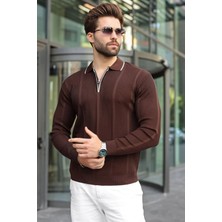 Madmext Kahverengi Polo Yaka Yarım Fermuarlı Fitilli Erkek Triko Kazak E7515