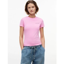 Tommy Jeans Pembe Kadın Bisiklet Yaka Baskılı T-Shirt DW0DW23479TOU
