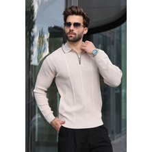 Madmext  Taş Polo Yaka Yarım Fermuarlı Fitilli Erkek Triko Kazak E7515