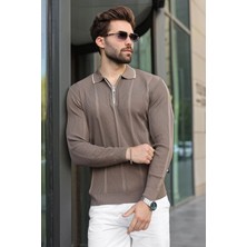 Madmext Açık Kahverengi Polo Yaka Yarım Fermuarlı Fitilli Erkek Triko Kazak E7515