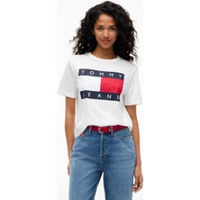 Tommy Jeans Beyaz Kadın Logo Baskılı T-Shirt DW0DW23552YBL