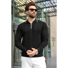 Madmext Siyah Polo Yaka Yarım Fermuarlı Fitilli Erkek Triko Kazak E7515