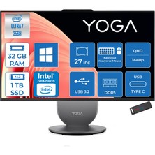 Lenovo Yoga Aıo 27IPH11 Intel Core Ultra 7 356H Aı Up To 4.7ghz 32GB Ddr5 1tb SSD Pivot 27" Qhd (2560X1440) IPS 350NITS 120Hz 99% Srgb WIN11PRO Allınone Bilgisayar 27IPH11U7P03+ZETTAUSBBELLEK
