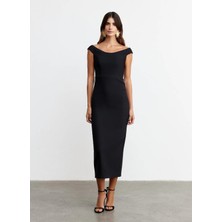 Happy To Wear Siyah Kadın Kayık Yaka Slim Fit Elbise Amelia-Siyah