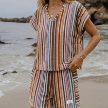 Green Black Stripe Soft Kadın Havlu Şortlu Takım Renkli Standart