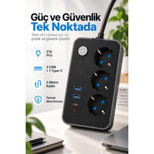 Robeve Blic 3’lü Termal Akım Korumalı Uzatma Prizi – 2 Metre Kablolu, 2 USB + 1 Type-C Hızlı Şarj, Çocuk Korumalı, Aç/kapa Anahtarlı Çoklu Priz Grup Priz Grup Uzatma Prizi 3'lü Priz