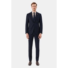 Sabri Özel Lacivert Yün Karışımlı Çizgili Sivri Yaka Klasik Paça Tam Astarlı 6 Drop Slim Fit Takım Elbise