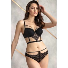 Ang Butik Balenli Destekli Dolgulu Yaka Detaylı Dantelli Büstiyer Sütyen ve Slip Takım
