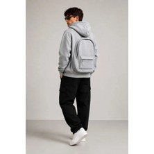 Erkek 3 Iplik Şardonlu Tam Fermuarlı Kapüşonlu Arka Çanta Detaylı Sweatshirt - Gri