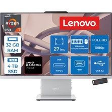 Lenovo Ideacentre Aıo 27AKP10 Amd Ryzen™ 7 250 Aı Upto 5.1ghz 32GB Ddr5 4tb SSD Amd Radeon™ 780M 27" Fhd (1920X1080) IPS 300NITS Freedos Allınone Bilgisayar F0JE002STRF15+ZETTAUSBBELLEK