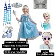 Bemora Kids Elsa Kostüm Elbise + Mavi Babble Saç + Taç + Asa + Yüz Taşı + Elsa Mavi Topuklu Ayakkabı Seti Doğum Günü Parti Kız Çocuk Elbise