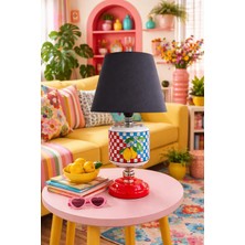 Feray Home Abajur - Oval Damalı Limonlu Desen Siyah Şapka Gümüş