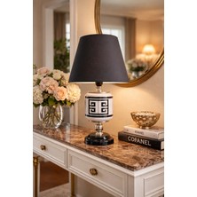 Feray Home Abajur - Oval Siyah Versa Desen Siyah Şapka Gümüş