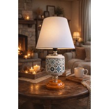 Feray Home Abajur - Oval Ceramic Desen Beyaz Şapka Gümüş