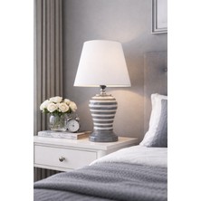 Feray Home Abajur - Şah Gri Zebra Beyaz Şapka Gümüş