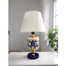 Feray Home Abajur - Oval Mavi Çiçekli Beyaz Şapka Gold