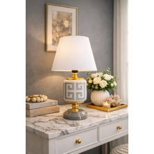 Feray Home Abajur - Oval Gri Versa Desen Beyaz Şapka Gold