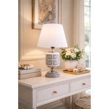 Feray Home Abajur - Oval Gri Versa Desen Beyaz Şapka Gümüş