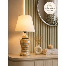 Feray Home Abajur - El Yapımı Damalı Kahverengi Beyaz Şapka Gümüş
