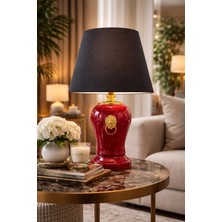 Feray Home Abajur - Aslanlı Şah Kırmızı Mermer Siyah Şapka Gold