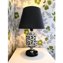Feray Home Abajur - Oval Gri Leopar Desen Siyah Şapka Gümüş