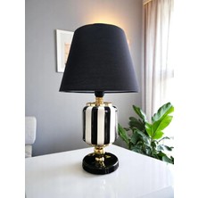 Feray Home Abajur - Oval Dik Çizgi Siyah Şapka Gold