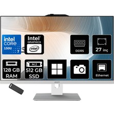 MSI Msı Modern AM272P Intel Core 7 150U 128GB Ram 512GB SSD Intel Graphics 27" Full Hd (1920X1080) WIN11 Pro 1M-1095XEUP556 Beyaz All In One Bilgisayar + Per4 USB Bellek