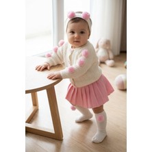 Meriç Bebe Kız Bebek Ponpon Detaylı 4\'lü Kombin Takım Triko Hırka Etek Saç Bandı Çorap