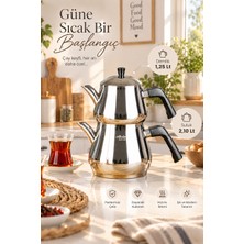 Porsima AKD-156 Mega Boy Paslanmaz Çelik Çaydanlık Takımı (3.35 Lt) – Kendinden Süzgeçli, Isınmayan Siyah Kulplu Aile Boyu Çaydanlık