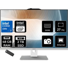 MSI Msı Modern AM272P Intel Core 7 150U 48GB Ram 2tb SSD Intel Graphics 27" Full Hd (1920X1080) Freedos 1M-1095XEUP334 Beyaz All In One Bilgisayar + Per4 USB Bellek