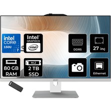 MSI Msı Modern AM272P Intel Core 7 150U 80GB Ram 2tb SSD Intel Graphics 27" Full Hd (1920X1080) Freedos 1M-1095XEUP346 Beyaz All In One Bilgisayar + Per4 USB Bellek