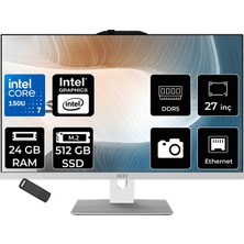 MSI Msı Modern AM272P Intel Core 7 150U 24GB Ram 512GB SSD Intel Graphics 27" Full Hd (1920X1080) Freedos 1M-1095XEUP314 Beyaz All In One Bilgisayar + Per4 USB Bellek