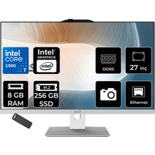 MSI Msı Modern AM272P Intel Core 7 150U 8gb Ram 256GB SSD Intel Graphics 27" Full Hd (1920X1080) Freedos 1M-1095XEUP301 Beyaz All In One Bilgisayar + Per4 USB Bellek