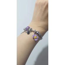 eg ticaret mor papatya figürlü kalp ve taş charm çelik bileklik 